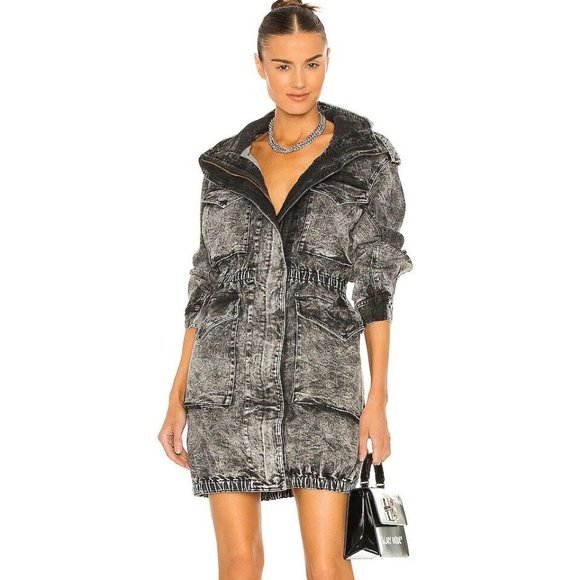 $395 Norma Kamali Cargo Utility Jacket Dress Hooded Zip Denim Black Acid Wash 12 - Picture 2 of 8